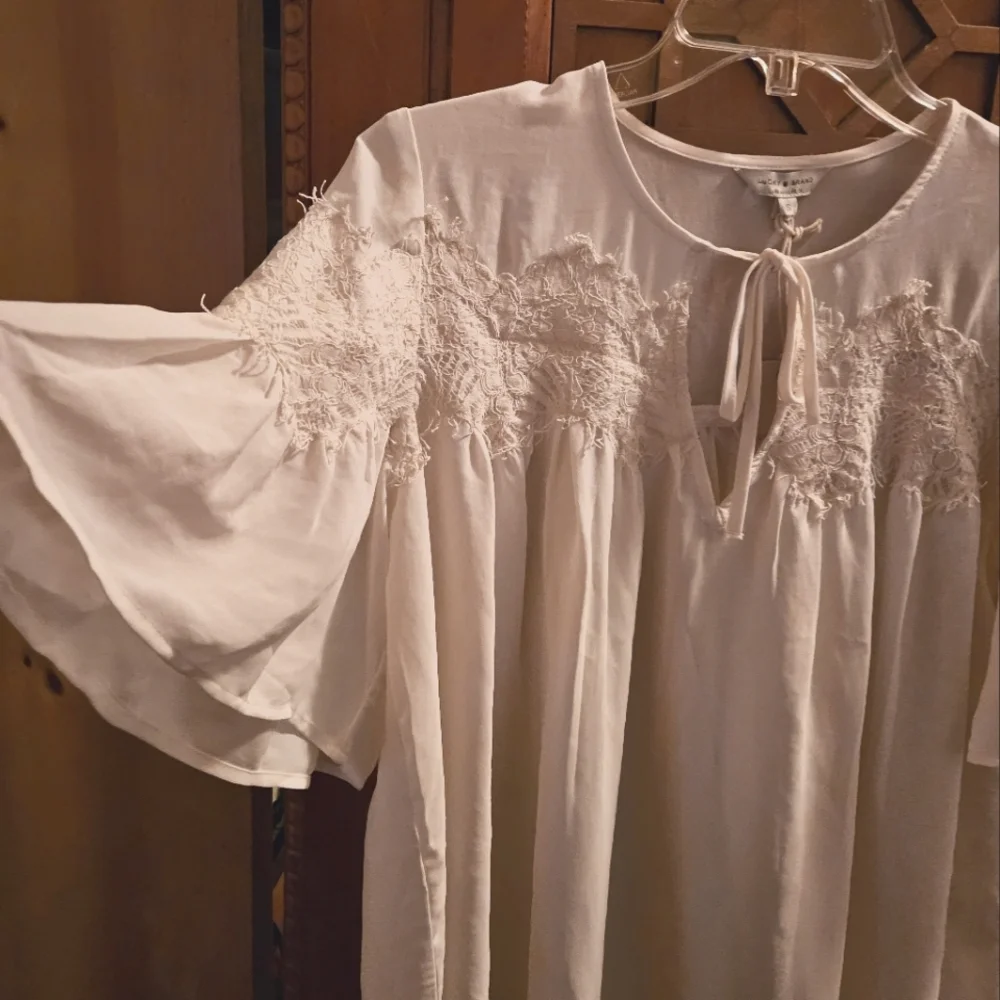 Lucky Brand White Peasant Keyhole Lace Accent Oversized Womens Top Blouse Size S - Picture 2 of 7